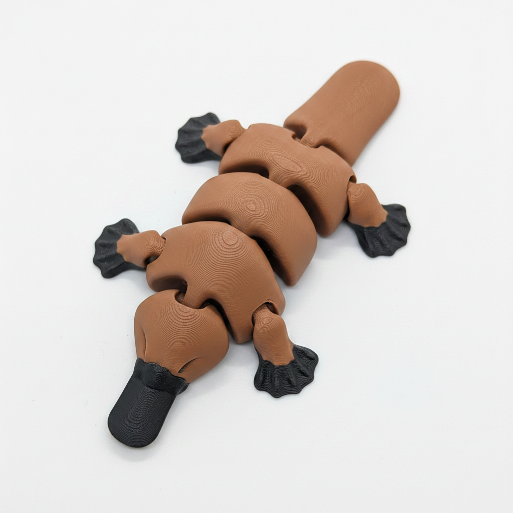 3D printed articulated platypus toy, top-down view showing full body with brown PLA and dark webbed feet