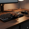 3D printed articulated platypus toy on a gaming desk next to a mechanical keyboard