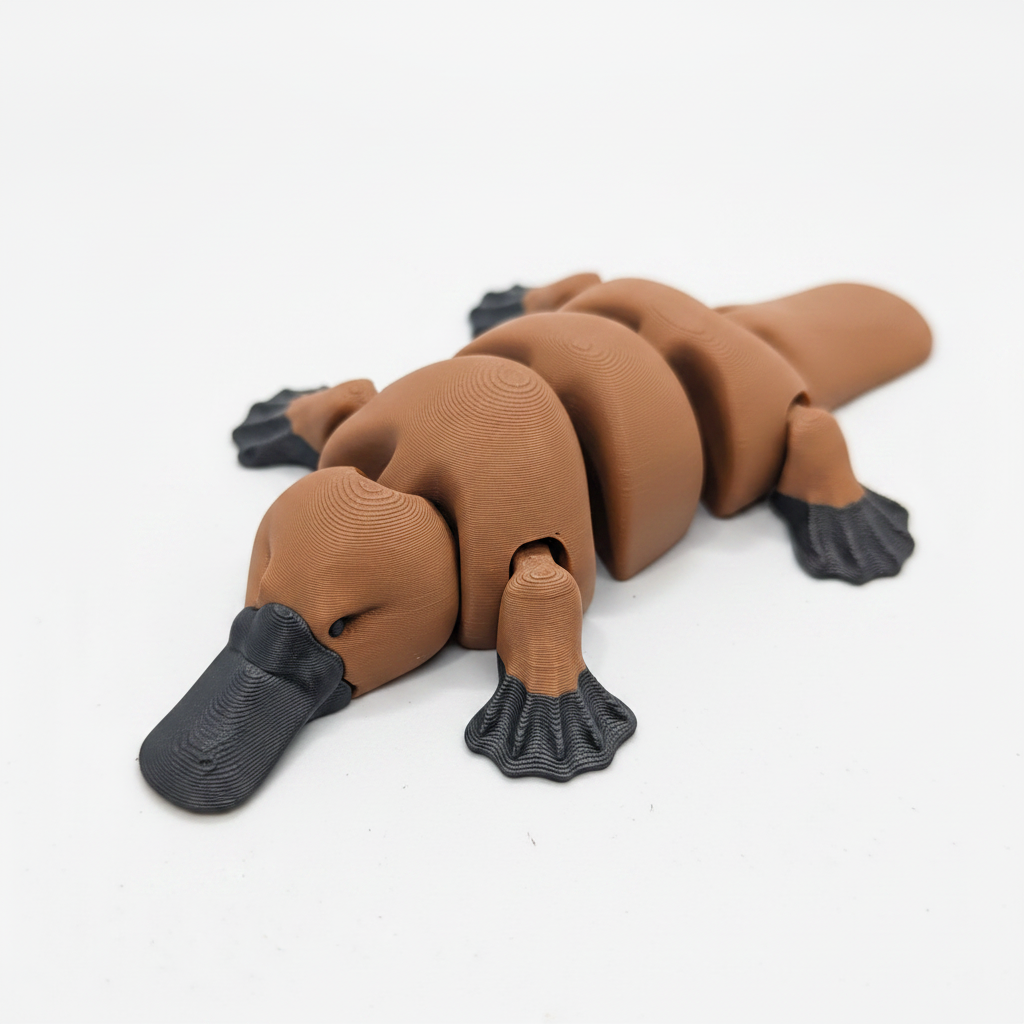 3D printed articulated platypus toy showing bill and webbed feet detail